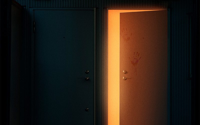 Dimly lit doorway with a partially open door glowing orange from inside, marked with red handprints, creating an eerie atmosphere
