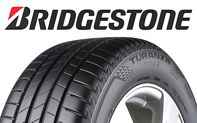 Bridgestone logo above a close-up of a Bridgestone Turanza tyre