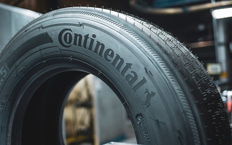 Close-up of a Continental tyre with the brand name embossed on the sidewall