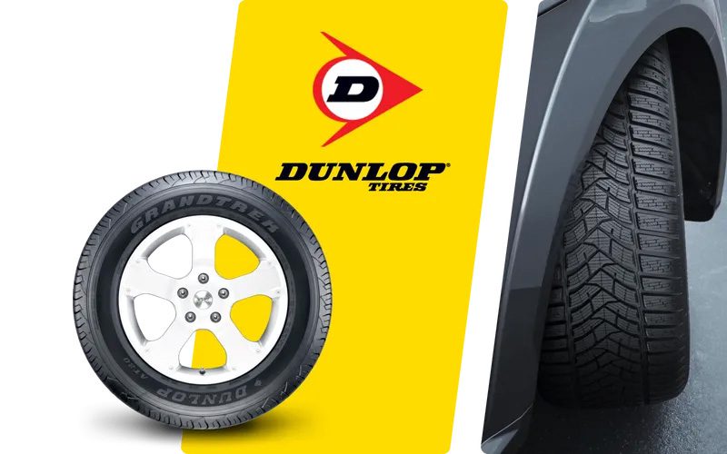 Dunlop Tires logo with a Dunlop Grandtrek tyre and a car tyre close-up