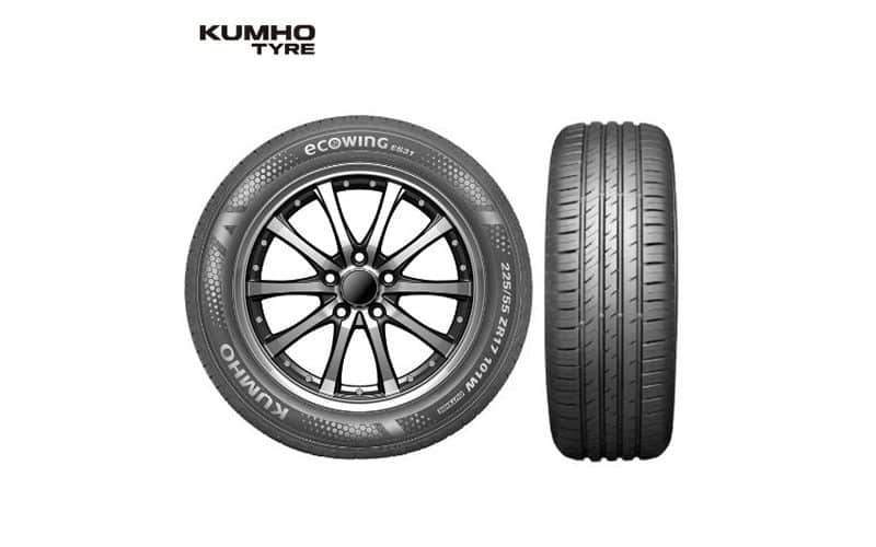 Kumho Ecowing tire shown from side and tread view with Kumho Tyre logo