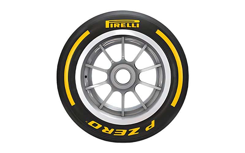 Pirelli P Zero tire with yellow branding on a silver alloy wheel
