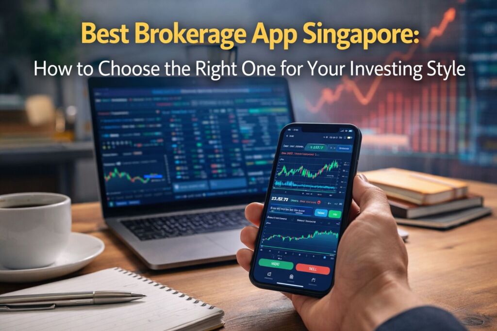 Best Brokerage App Singapore: How to Choose the Right One for Your Investing Style Person uses smartphone trading app beside laptop showing market charts.